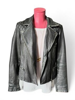 All Saints W’s Cargo Distressed Leather Biker Jacket, Black/Grey, Size 10